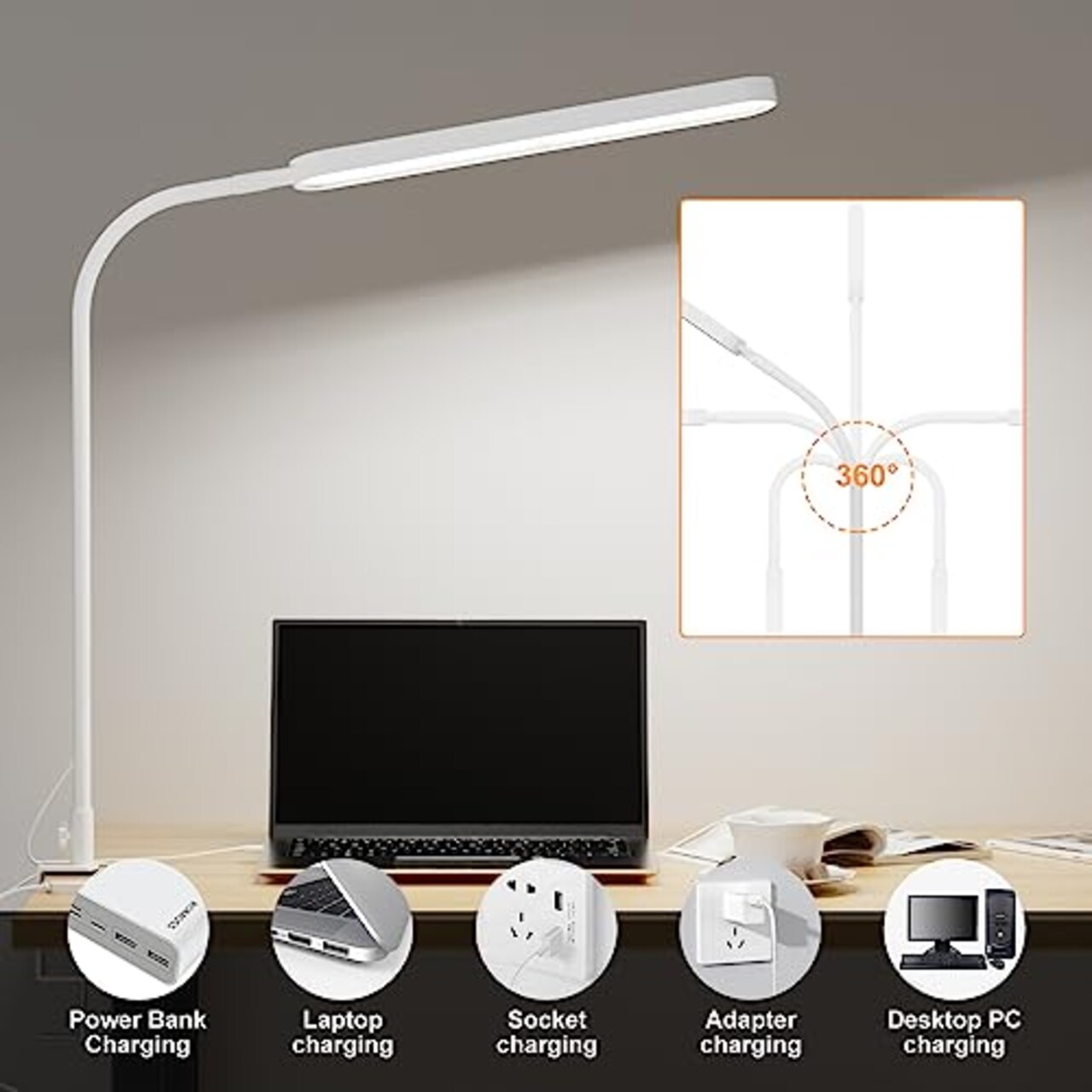 Desk Lamp for Office Home- 34" LED Desk Light - Touch Control - 5 Color Modes X 11 Brightness Levels - 1300ML(112 Pcs Lamp Beads) - Timmer & Memory Function - 12W Clip On Light - White